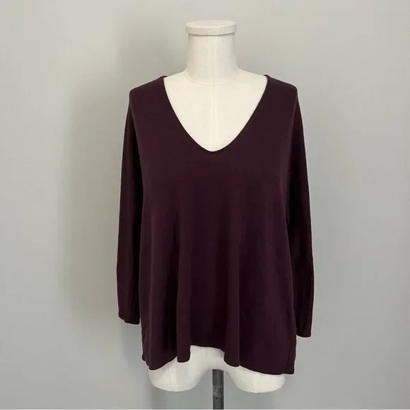 Aritzia Wilfred Free Aneta V-Neck Top Maroon Burgundy Loose Boxy Fit - Picture 4 of 15